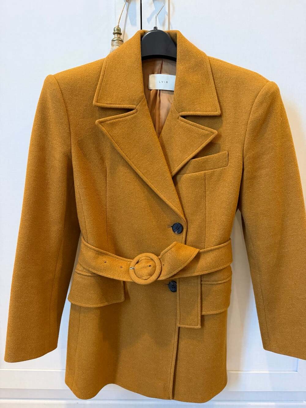 LVIR Wool Herringbone Belted Blazer Jacket Mustard Camel Size S
